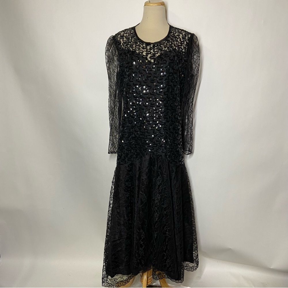Vintage Mainframe Large? Floral Black Lace Sequin Long Sleeve Party Dress Goth - Picture 2 of 9